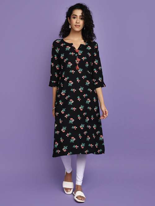 women black notch neck straight kurta - 20676545 - Very Small Image - 1