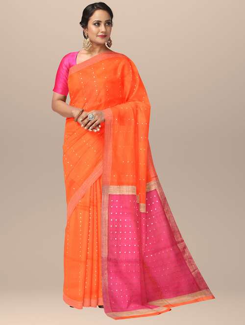 women orange self design handloom saree with blouse - 20726534 - Very Small Image - 1