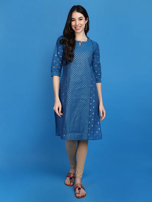 women blue key hole neck a-line kurta - 20809748 - Very Small Image - 1