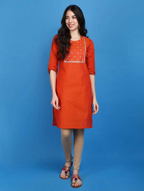 women orange round neck straight kurta - 20811752 - Very Small Image - 1