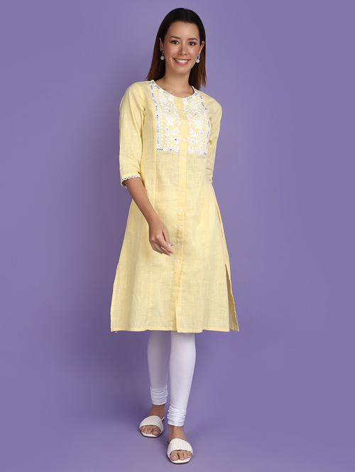 womem yellow round neck a-line kurta - 20836605 - Very Small Image - 1