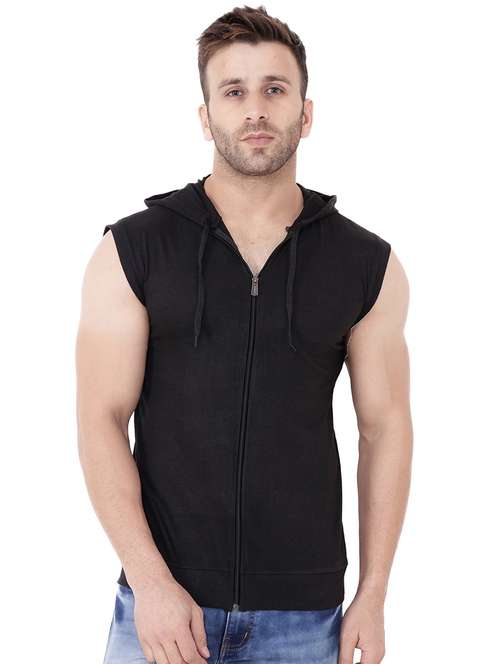 men black slim fit sleeveless hooded t-shirt - 20841290 - Very Small Image - 1