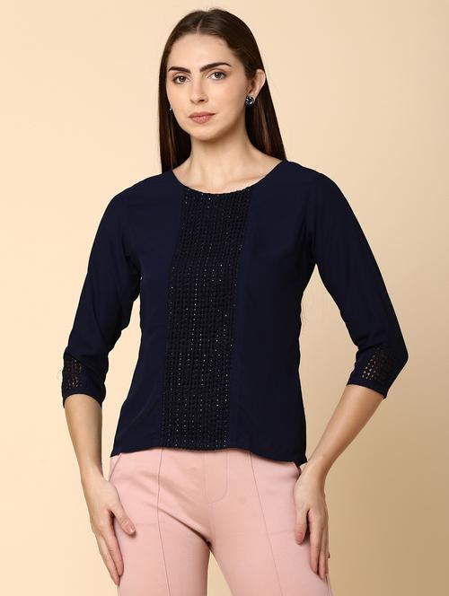 navy blue detailed regular top - 20930049 - Very Small Image - 1