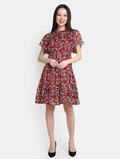 women red florals printed a-line dress - 20930407 - Very Small Image - 1