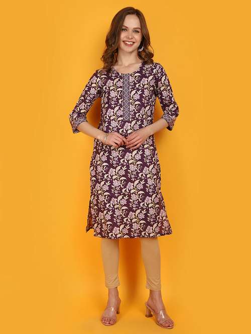 women purple round neck straight kurta - 20951115 - Very Small Image - 1