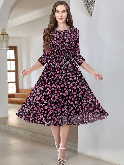 black floral printed fit & flare dress - 20969692 - Very Small Image - 1
