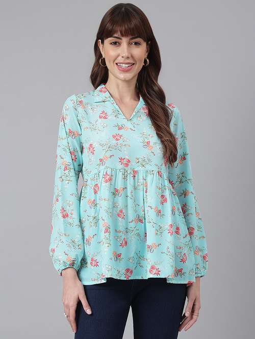 light blue floral printed peplum top - 21016513 - Very Small Image - 1