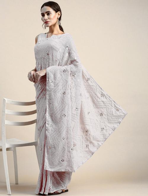 women pearl grey sequin work embroidered saree with blouse - 21019305 - Very Small Image - 1