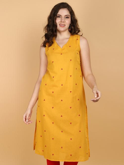 women yellow cotton straight kurta - 21024415 - Very Small Image - 1