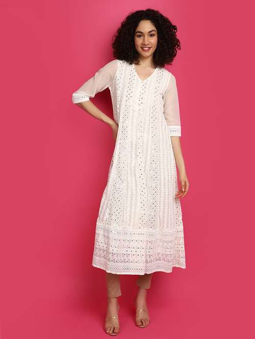 off white three quarter sleeve flared kurta - 21029011 - Very Small Image - 1
