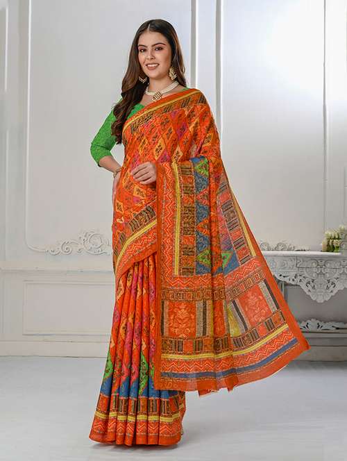 women orange printed saree with blouse - 21034003 - Very Small Image - 1