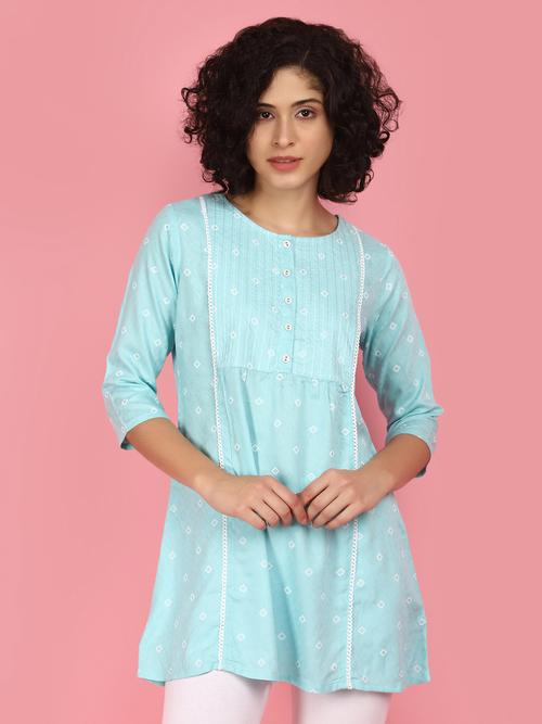 light blue cotton a-line kurti - 21035591 - Very Small Image - 1