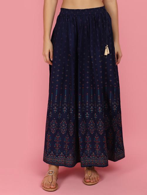 blue printed rayon flared skirt - 21049585 - Very Small Image - 1