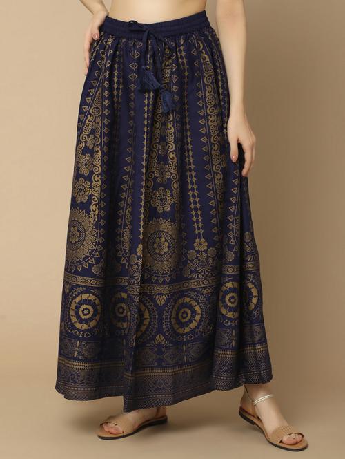 navy blue rayon flared skirt - 21056778 - Very Small Image - 1