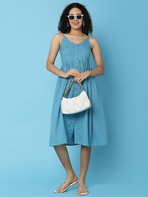 blue cotton fit & flare dress - 21082329 - Very Small Image - 1
