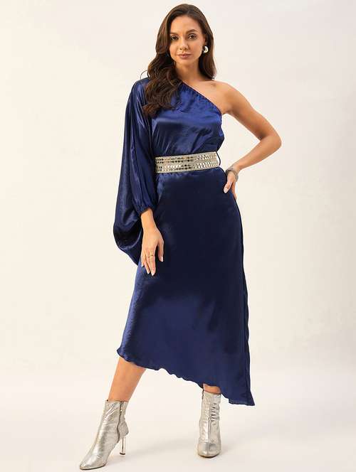 navy blue polyester single shoulder dress - 21099698 - Very Small Image - 1
