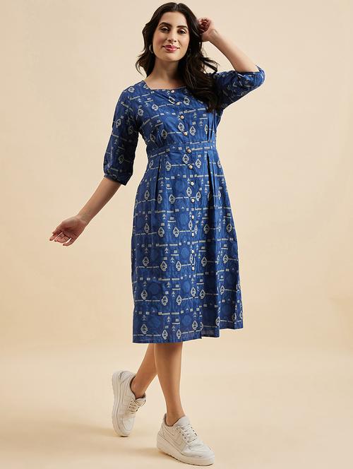 women blue printed puff sleeves dress - 21102134 - Very Small Image - 1