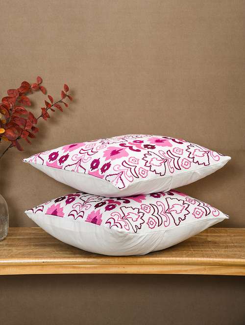 ratan cart pink cotton ikat floral embroidery 16x16 inch cushion cover set of 2 - 21140165 - Very Small Image - 1