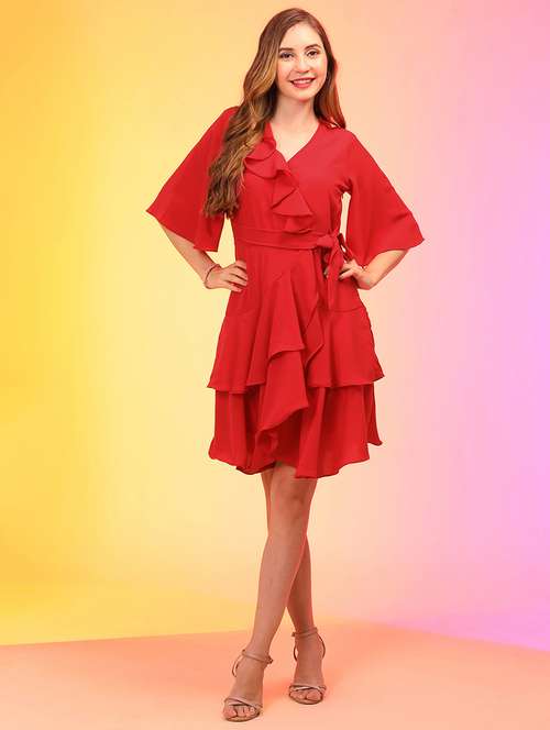 women red polyester wrap dress - 21145009 - Very Small Image - 1