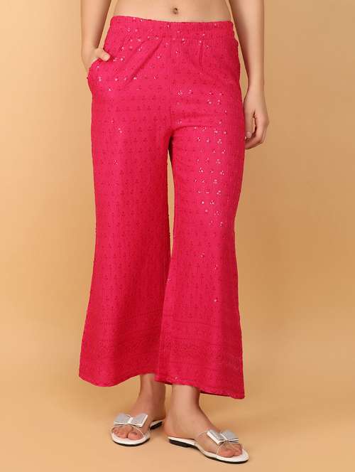 women pink solid with work ankle length palazzo - 21151846 - Very Small Image - 1