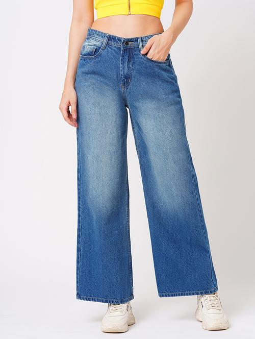 globus women dark blue flared mid-rise clean look heavy fade cotton jeans - 21178366 - Very Small Image - 1