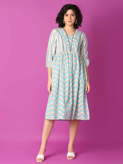 blue printed fit & flare dress - 21226925 - Very Small Image - 1