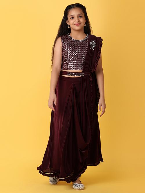 girls maroon sequins & mirror work fusion set - 21233273 - Very Small Image - 1