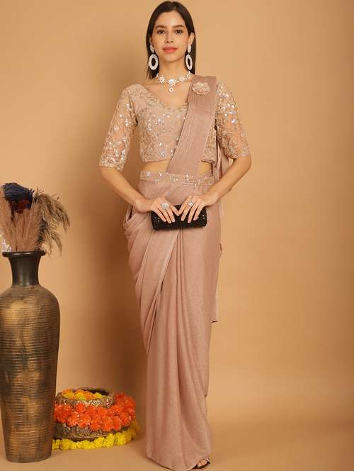 women beige solid ready to wear saree - 21259346 - Very Small Image - 1