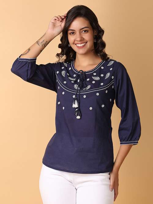 women navy blue cotton regular top - 21260548 - Very Small Image - 1