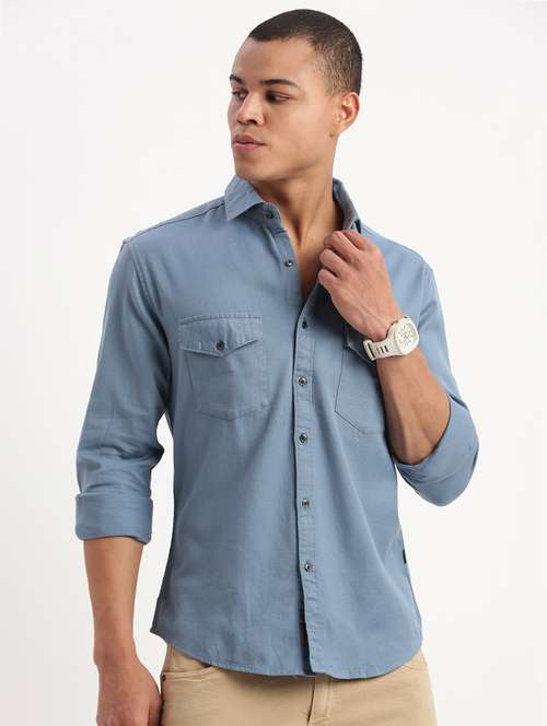 men light blue slim fit solid casual shirt with double pockets - 21277175 - Very Small Image - 1