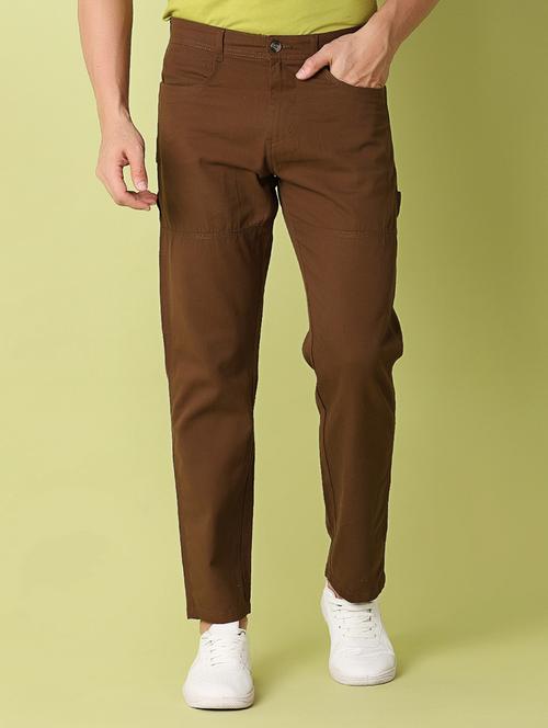 men brown solid cotton casual trouser - 21286991 - Very Small Image - 1