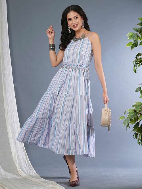 globus women purple strappy shoulder variegated stripes smocked tiered a-line midi dress with embroidered belt - 21305114 - Very Small Image - 1