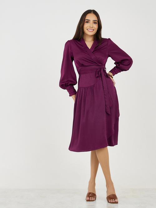 women solid puff sleeves wrap dress - 21334274 - Very Small Image - 1