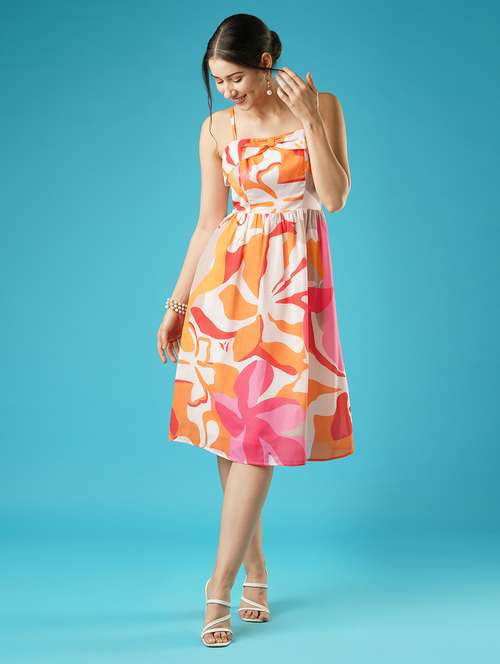 globus women multi floral printed square neck strappy shoulder bow design panelled a-line midi dress - 21378980 - Very Small Image - 1