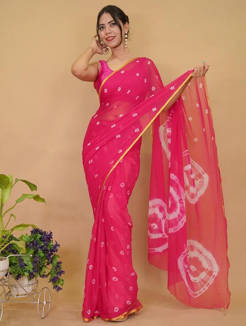 pink bandhani printed saree with blouse - 21382383 - Very Small Image - 1