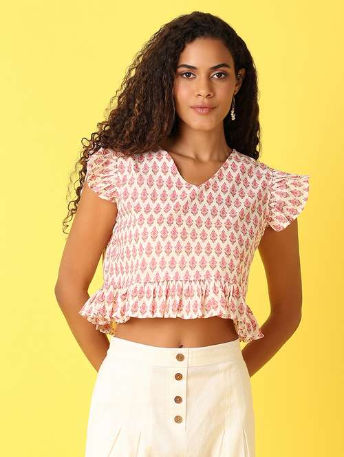 women printed flute sleeves crop top - 21382810 - Very Small Image - 1