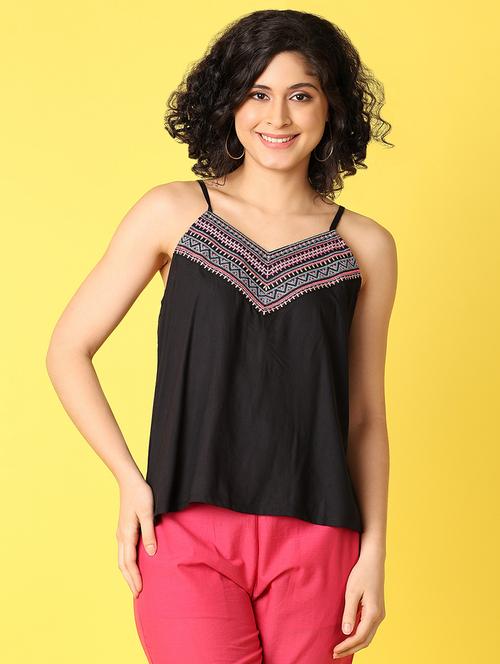 women black embroidered shoulder strap neck top - 21388078 - Very Small Image - 1