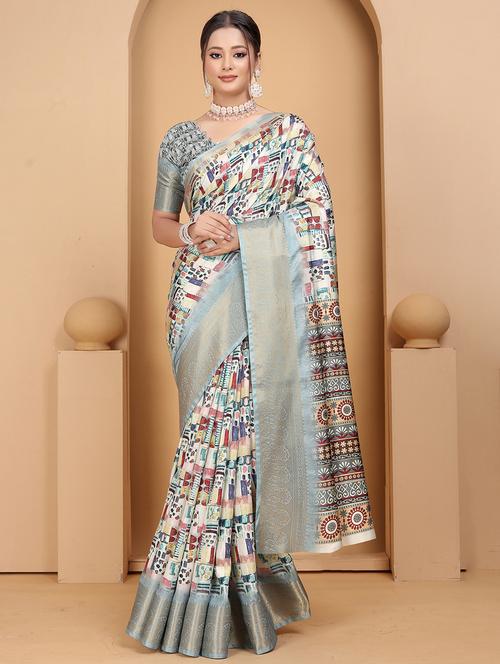 women multi color printed zari bordered saree with blouse - 21389245 - Very Small Image - 1