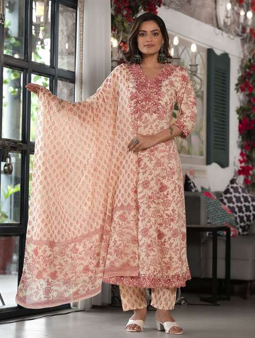 women beige floral kurta pant set with dupatta - 21391931 - Very Small Image - 1
