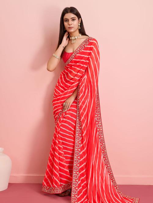 women red leheriya printed lace work saree with blouse - 21397586 - Very Small Image - 1