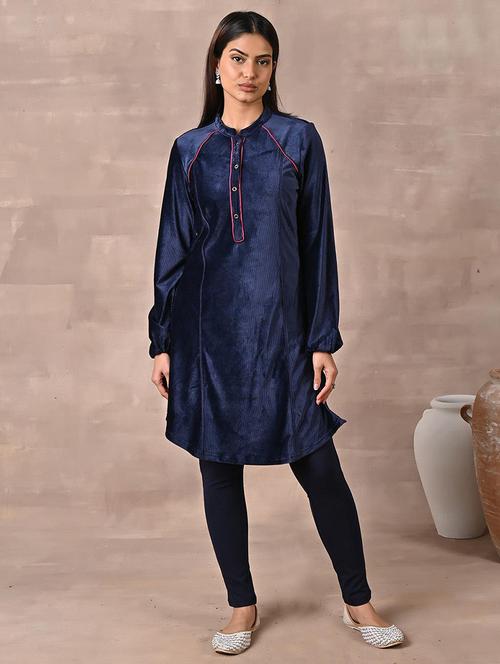 women navy blue cotton straight kurta - 21452121 - Very Small Image - 1