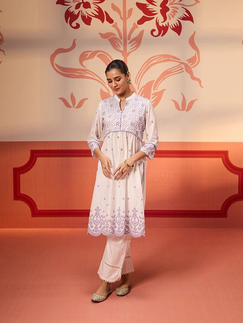 women solid with work three quarter sleeve schiffli a-line kurta - 21452275 - Very Small Image - 1