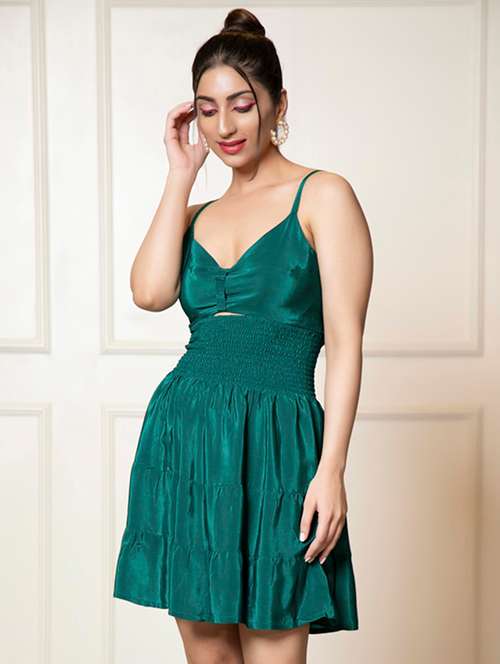 women teal green crepe fit & flare dress - 21460113 - Very Small Image - 1