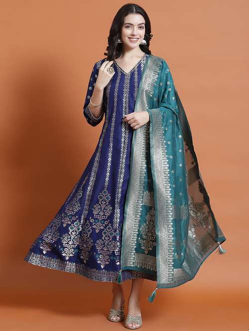 women blue self design kurta dupatta set - 21473662 - Very Small Image - 1