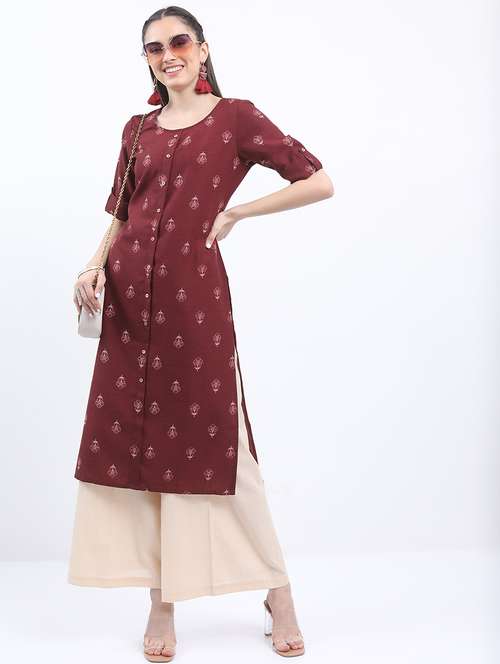 women maroon cotton blend straight kurta - 21486601 - Very Small Image - 1