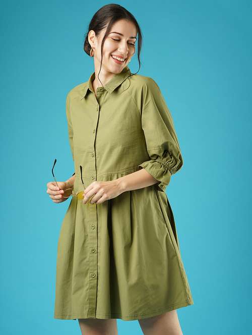 globus women green raglan sleeves gathered oversized above knee shirt style dress - 21501762 - Very Small Image - 1