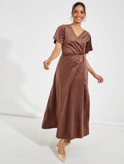 women brown solid wrap dress - 21520370 - Very Small Image - 1
