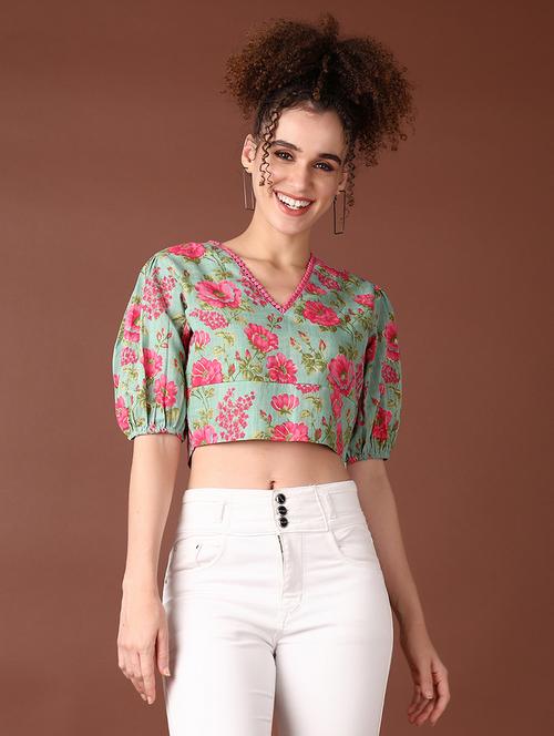 women floral printed v neck crop top - 21554815 - Very Small Image - 1