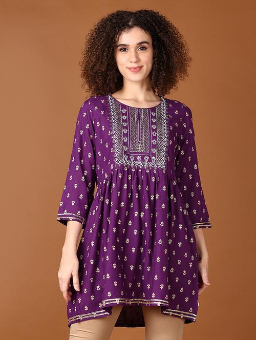 women purple printed round neck flared kurti - 21554851 - Very Small Image - 1