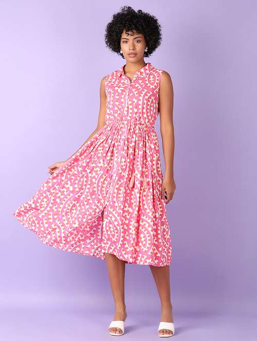 women pink printed sleeveless fit & flare dress - 21558786 - Very Small Image - 1